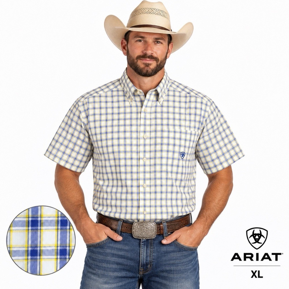 Ariat Pro Series Shirt Mens XL Blue Yellow Plaid Short Sleeve Western Button Up